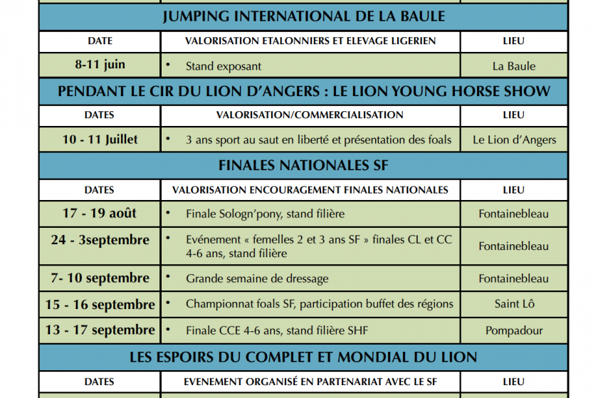 CALENDRIER DES EVENEMENTS ET CONCOURS ELEVAGE